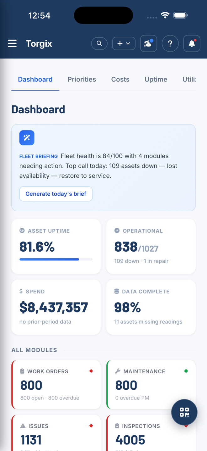 Torgix app dashboard on iPhone showing fleet health, uptime and spend