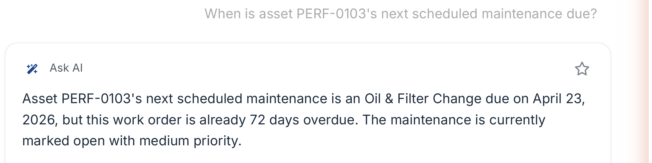 Torgix Ask AI answering a maintenance history question about a specific asset, showing repair spend and pattern detection across work orders