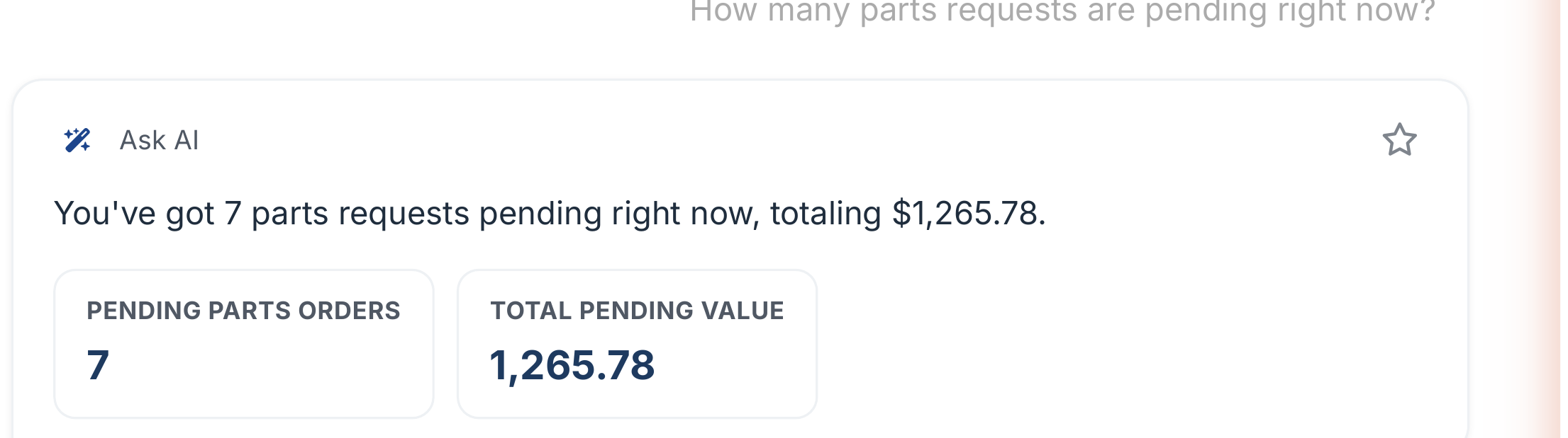 Torgix Ask AI answering a parts question, showing pricing and a parts spend breakdown by category for a specific asset
