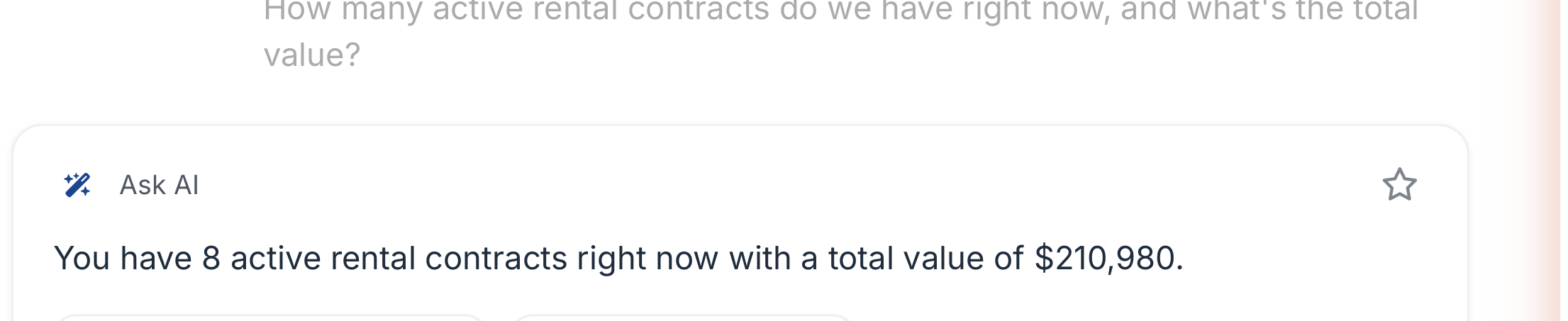 Torgix Ask AI answering a rental fleet question, showing active rental contract counts and total contract value