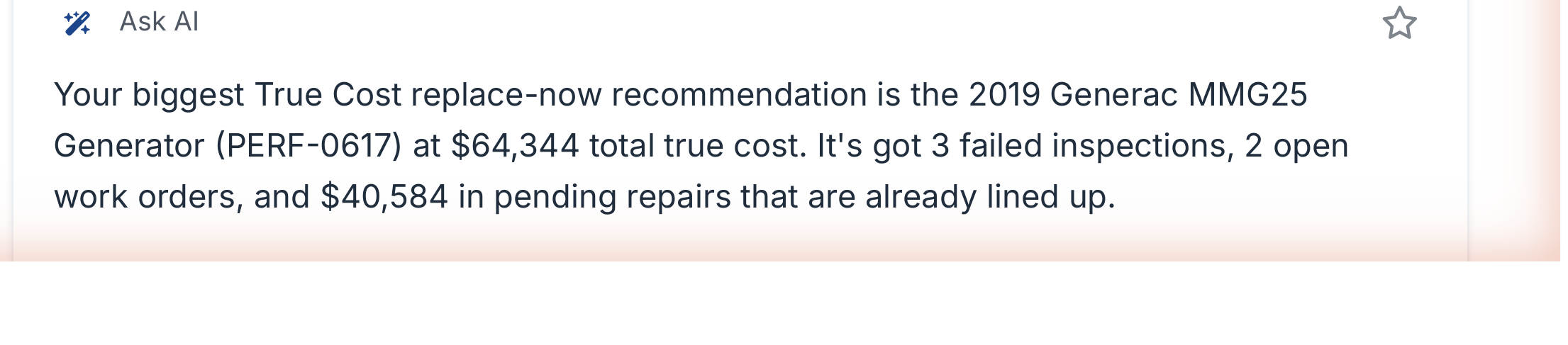 Torgix Ask AI answering a True Cost question about a specific asset, with the full real cost breakdown